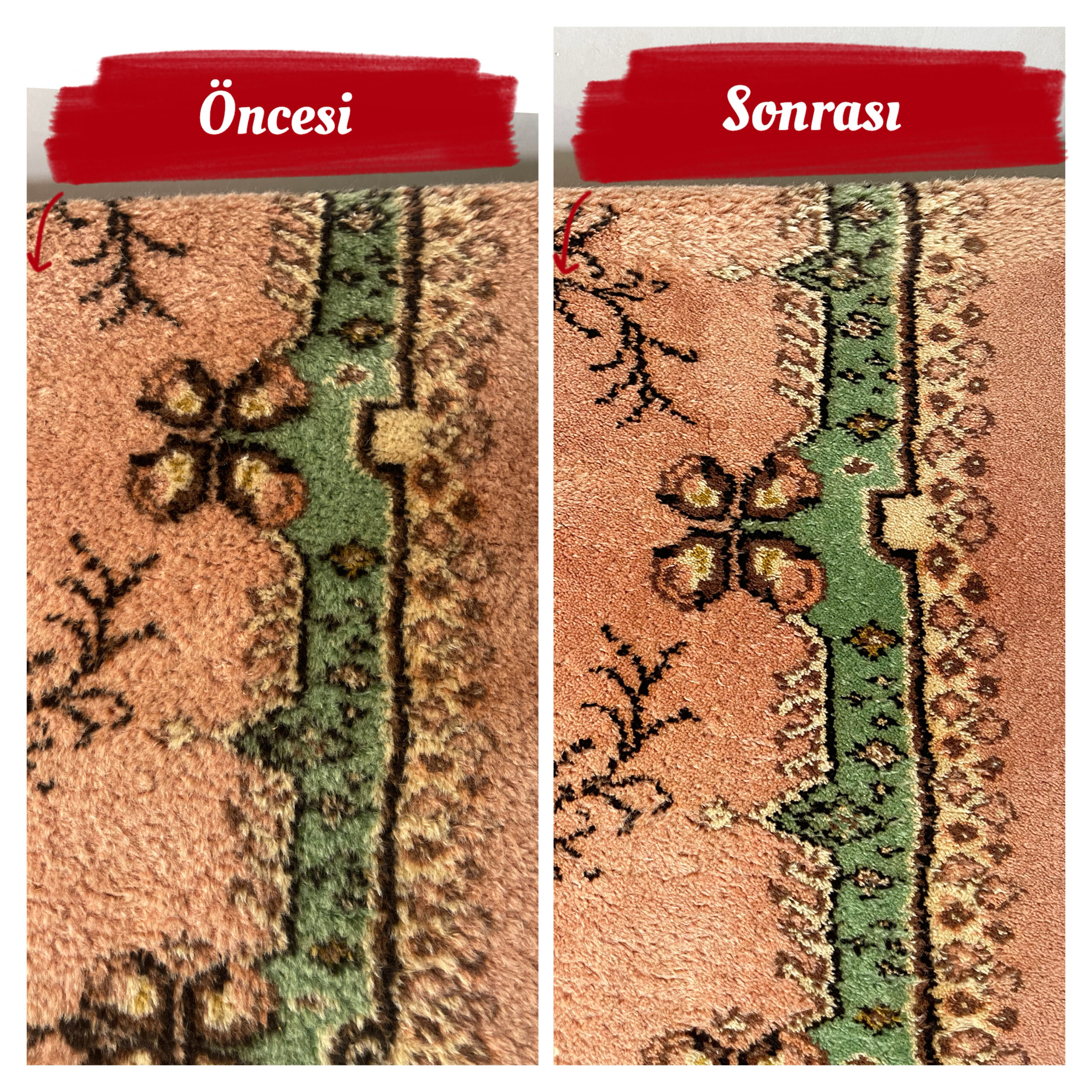 Halı tıraşlama ve renk canlandırma öncesi sonrası